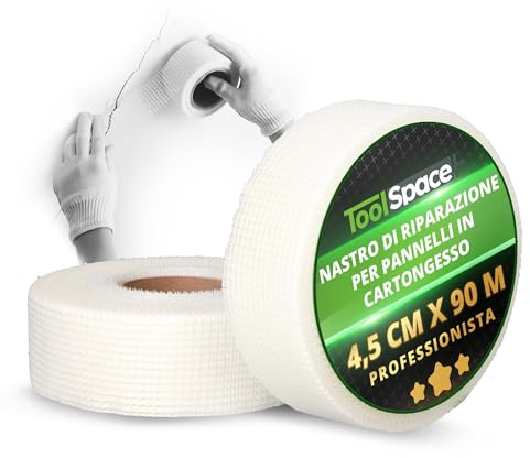 ToolSpace Cinta Fibra Vidrio Autoadhesiva Para Grietas y Juntas de Placas de Yeso 4,5 cm x 90 m Para Reparación de Paredes y Techos y Refuerzo de Fisuras en Placas de Yeso, Hormigón y Mampostería