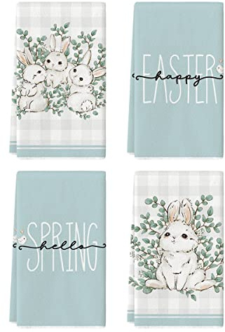 Artoid Mode Buffalo Plaid Bunny Rabbit Eucalyptus Leaves Happy Easter Kitchen Towels Dish Towels, 18x26 Inch Seasonal Spring Decoration Hand Towels Set of 4