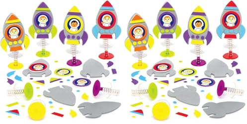 Baker Ross AX181 - Juego de 8 juguetes para saltar cohetes espaciales con divertidas figuras espaciales para manualidades, pegatinas de espuma, juguetes de arte (Paquete de 2)