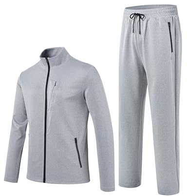 MoFiz Men's Athletic Tracksuit Full Zip Casual Sports Jogging Gym Sweatsuit 2 Piece Warm Up Full Zip Sports Track Suits Light Grey 2XL