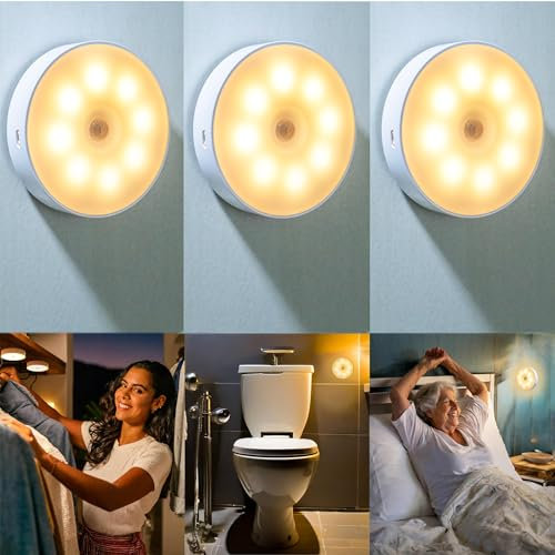 Liiisi 3 Luz LED con Sensor de Movimiento Recargable USB, Luces Nocturnas LED, Luces Led Pilas, luz nocturna infantil, iluminacion sin cables para Habitaciones, Baño, Pasillos, Armario