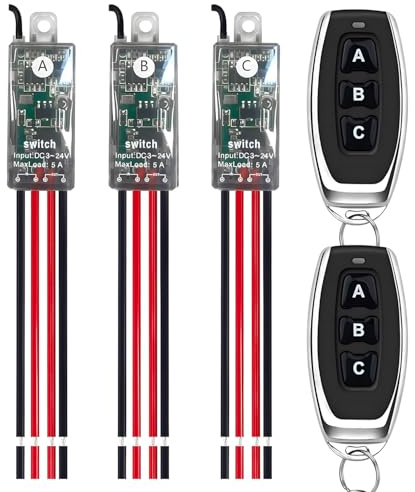 Mini Relay Wireless Switch,5V/12V/24V/5A Relay 3 Way Remote Control Switch 1 Channel,164FT Long Range for Ceiling Lights, Led Strip,Alarm Bell,Light Bar,Fan.(3Receiver)