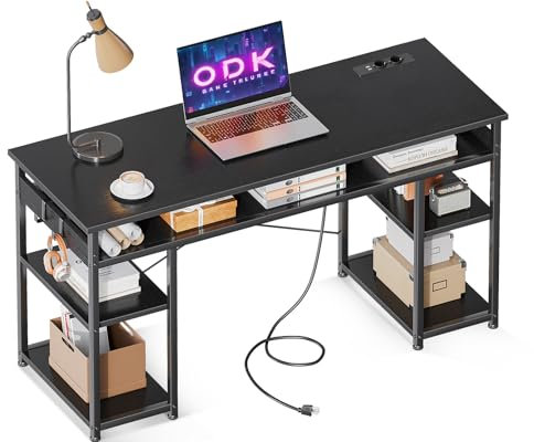 ODK Schreibtisch mit Regal, Computertisch mit USB-Ladeanschluss und Steckdosen, PC Tisch mit Stauraum für Home Office (Schwarz, 120x40x79cm)