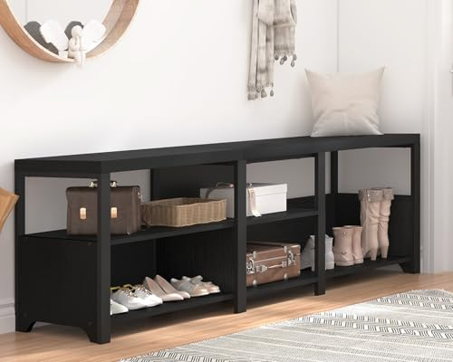 HSH Black Bench, Long Entryway Bench with Shoe Storage, Corner Convertible Storage Benchs with Shelf for Foyer Entrance, Wood Metal L Shaped Shoe Rack Benchs for Bedroom Living Room, Black Oak, 145 CM
