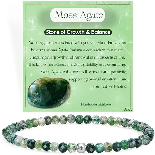 Farfume Tiny Crystal Beaded Bracelets for Women, 925 Sterling Silver 4mm Bead Chakra Stretch Bracelets, Dainty Gemstone Natural Stone Ladies Jewellery Gifts (Moss Agate)