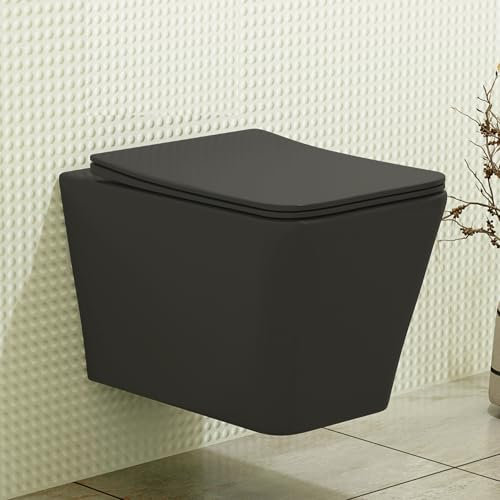Wall Hung Rimless Toilet Matt Black Square Pan Quick Release & Slim Soft Close Seat – Modern Bathroom Design (Elena).