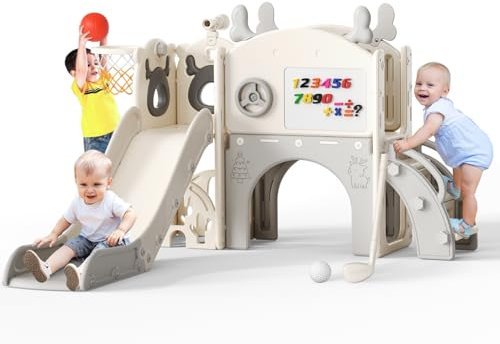 Christmas elk Slide,11 in 1 Toddler Slide,with Basketball Hoop,Basketball,Garden Climbing Frame,Telescope,Storage,Crawling Arch,Golf,Artboard,Extra Long Slide 1570mm（Beige-Gray）