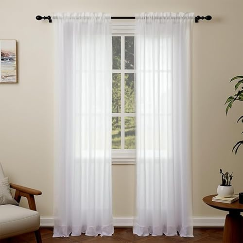 Pacok White Voile Curtains 108 Drop, 2 Panels Rod Pocket W56xL108 Inch | See Through Net Curtains for Windows Long Washable Sheer Curtain Panel for Living Room, Bedroom, Kitchen 142 x 274cm Drop