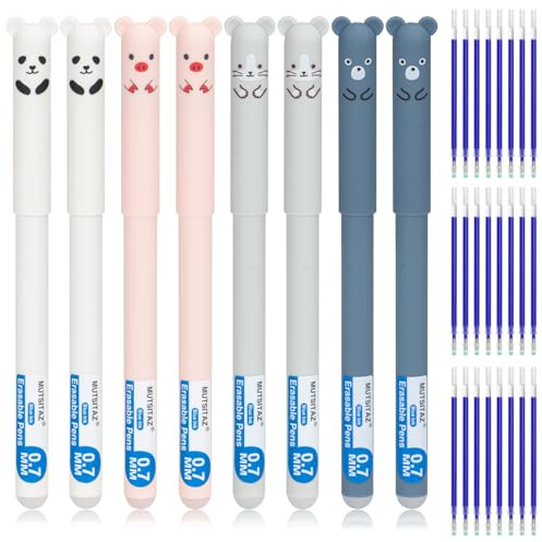Mutsitaz Lot de 8 stylos effaçables à encre bleue avec 24 recharges, stylos à encre gel de 0,7 mm pour fournitures scolaires et de bureau