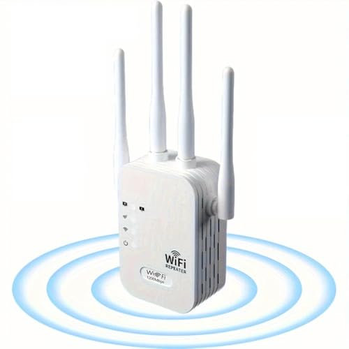 Repetidor Wifi 1200Mbps Amplificador de Señal – Inalámbrico de Doble Banda 2.4G/5G con 4 Antenas – Cobertura de hasta 200 m² – Compatible con Más de 100 Dispositivos – Puerto Ethernet – Modos Repetido