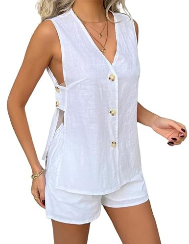 MINTLIMIT Womens 2 Piece Outfits Summer Sleeveless Blazers Button Linen Vest Shorts Set Vacation Outfits Casual Matching Sets