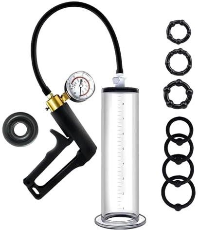 Pompe a Penis Sex Toys Pompes à Pénis avec Poignée en Nylon et Manomètre Extenseur de Pénis Masculin Manuel avec 7 Anneaux de Pénis en Silicone pour l'érection du Pénis Agrandir son Pénis (6.35cm)
