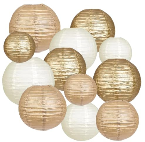 12pcs Gold Cream and Khaki Paper Lanterns,Hanging Paper Lanterns for Bridal Shower Rustic Boho Birthday Wedding Home Decor Party Decoration
