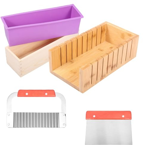 Ensemble de coupe-savon, moule à savon rectangulaire en silicone avec boîte en bois, coupe-savon en bois réglable, acier inoxydable, coupe droite et coupe-vagues, outil de bricolage pour la