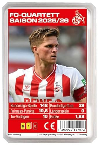FC Köln - Cuarteto de fútbol 1º FC Köln, temporada 2025/2026, juego de cartas coleccionables con valores de jugador y diseño del club, artículo para fans e idea de regalo para los amantes del fútbol