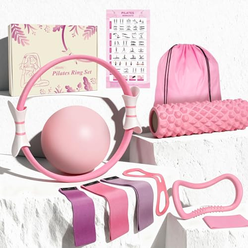 LZCDUDU Pink Pilates Ring Kit with 14.5 inch Magic Circle & Foam Roller, Ergonomic Home Workout Equipment Set, Full Pilates Essentials for Women Beginners - Includes Exercise Guide & Storage Bag
