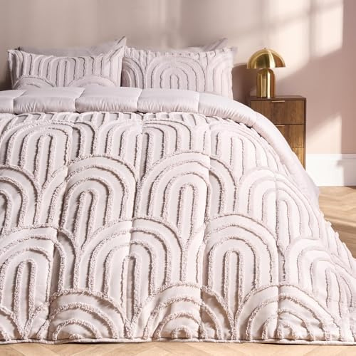 OHS 7.5 Tog Coverless Duvet Double, Soft Warm Tufted Arches Quilted Comfortable Coverless Duvet Summer Camping Blanket Washable Quilt Double Duvets with Pillowcases, Stone