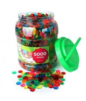 cavernedesjouets Boite 5000 pions de marquage Loto 15 mm, Vert/Rouge/Bleu/Orange/Rose - jetons pour Carton Grille - Set Accessoire Jeu Bingo et Carte Tigre