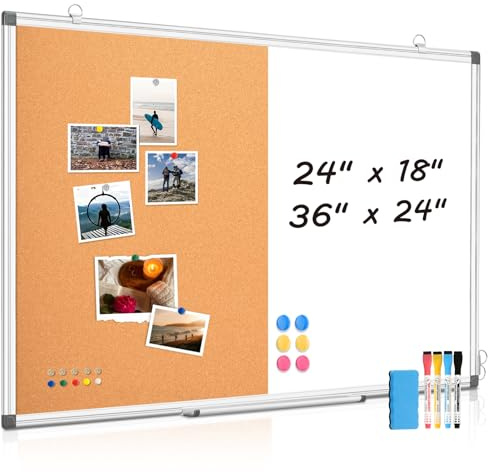 WALGLASS Combination Magnetic Whiteboard & Corkboard, 36x24 Combo for School, Office & Home, Dry Erase Board with Removable Tray, Pins, Eraser, Markers & Magnets