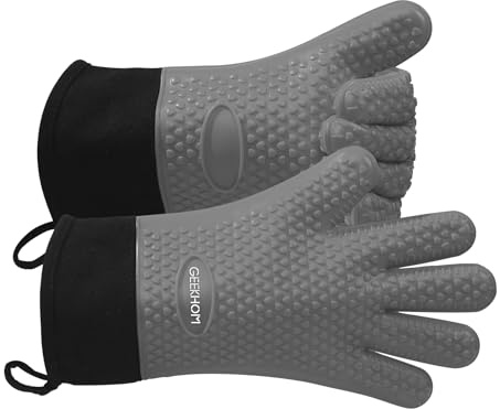 GEEKHOM BBQ Gloves Heat Resistant Oven Mitts - Silicone Grilling Gloves with 13.7 Arm Protection - Waterproof Pot Holder Non-Slip for Men & Women, Kitchen Outdoor Cooking, Baking, Camping, Light Gray
