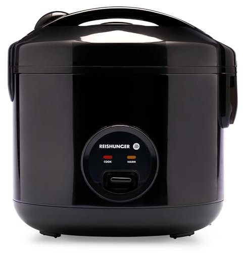 REISHUNGER Rice Cooker & Rice Steamer with Keep-Warm Function, Black (1.2 litres - 6.5 cups) - For 1-6 People - Quick Preparation Without Burning - Non-Stick Coating incl. Steamer Insert
