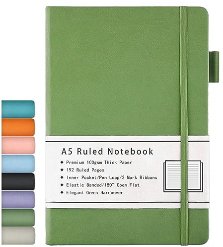 Beinushor Notizbuch A5, mit Hardcover Ausgekleidetes Journal mit Dickem Premium 100GSM Papier, 192 Seiten, Innentasche, Stiftschlaufe, Gummiband, Kunstlederbezug, 14,5 x 21,3 cm (Grün)