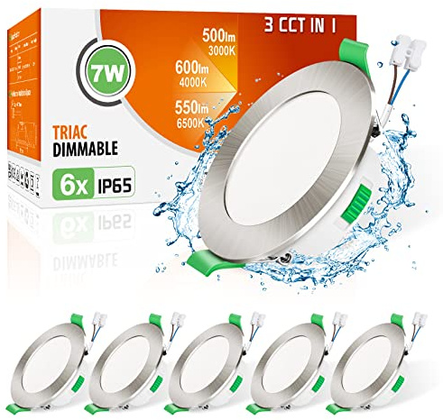 ALUSSO 3CCT LED Downlights Ceiling Dimmable 7W IP65 Cutout 67-75MM 6 Pack | Slim Recessed Ceiling Lights, 3000K 4000K 6500K Selectable Bathroom Kitchen Spotlights, Round Brushed Nickel