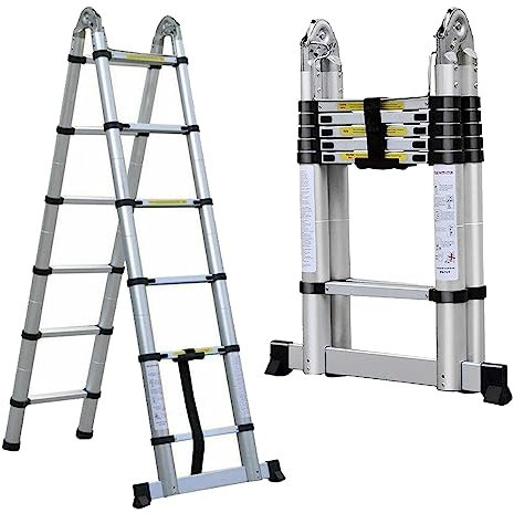 Scala telescopica in alluminio, 3,8 m, 1,9 m + 1,9 m, scala pieghevole con barra stabilizzatore, scala di prolunga 2 in 1 ad alte prestazioni, regolabile in altezza, cintura di sicurezza, antiscivolo,
