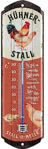LANOLU Retro Blechschild HÜHNERSTALL THERMOMETER analog - Hühner Deko Stall Garten Vintage Schilder - Blechschild Huhn - Hühnerliebhaber Geschenke Schild aus Metall 8x28cm