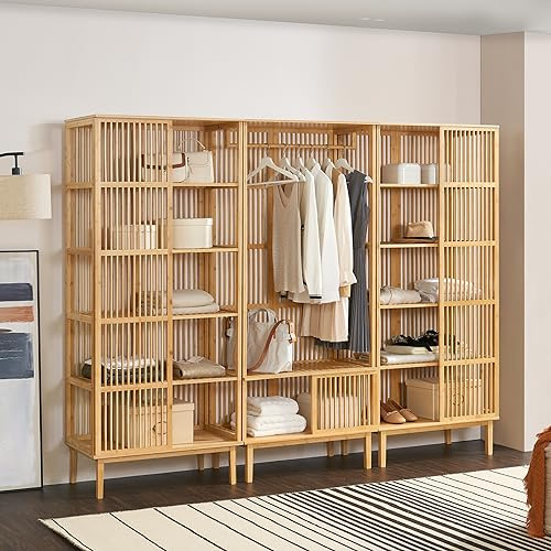 [en.casa] Set di Mobili in bambù Composto di Armadio Aperto per Guardaroba con Asta Porta Abiti e 2 Scaffali da Terra con 5 Scomparti Semiaperti - Color Naturale