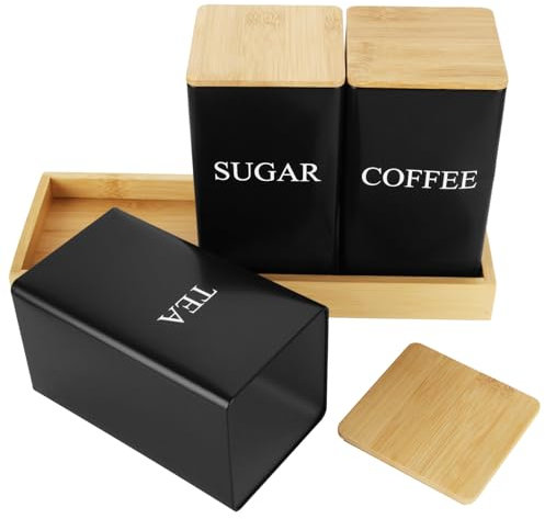 MEIDIV Set of 3 Black Tea Coffee Sugar Canisters Set, Metal Tea Coffee Sugar Containers, Kitchen Storage Containers with Bamboo Lid with Tray