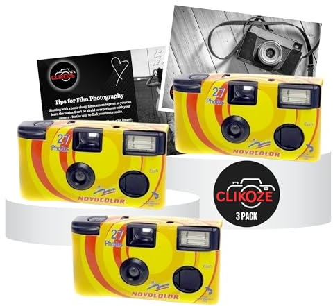 Appareil photo jetable avec Novocolor APM401004 Appareil photo à usage unique avec 27 poses x3 et carte d'astuces jetables Clikoze pour photographie