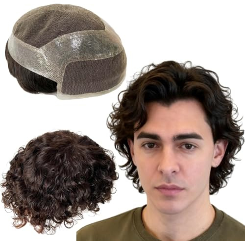 Toupet Perruques de cheveux humains pour homme, avec perruque périphérique douce en PU + dentelle suisse fine, 10 mm, cheveux ondulés pour homme, 25,4 x 20,3 cm (#2 marron foncé)