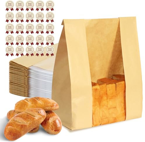Bolsas de pan para pan casero, 25 bolsas de papel para masa madre, bolsas grandes de panadería con ventana para almacenamiento de alimentos horneados, regalo de regalo, incluye 25 calcomanías de sello