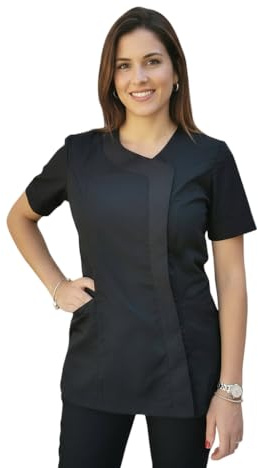 Camice da lavoro donna, casacca estetista, parrucchiera, bottoni automatici, centro estetico, made in Italy (IT, Testo, M, Regular, Regular, Nero)