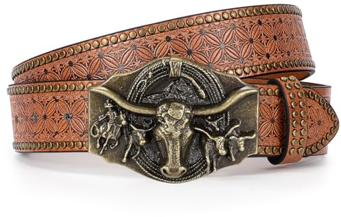 LEACOOLKEY Western cowboy läderbälte för män kvinnor cowgirl western landsbygdsbälte män spänne bälte för jeans byxor, C-kopparspänne brun, (130cm)Passform Taillenumfang 106cm-117cm