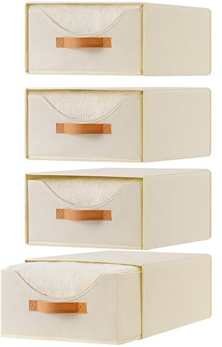 Baesyhom 4 cassetti per armadio e vestiti di grandi dimensioni, cassetti estraibili, impilabili, con finestra trasparente, organizer per camera da letto, soggiorno, sotto il letto, beige