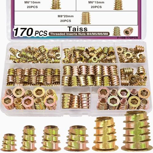 Taiss 170PCS Einschraubmutter Kits, 6 Größen M4/M5/M6/M8 Einschlagmuttern, gewindeeinsatz holz, Sechskant Socket Head Schraube für Holzmöbel