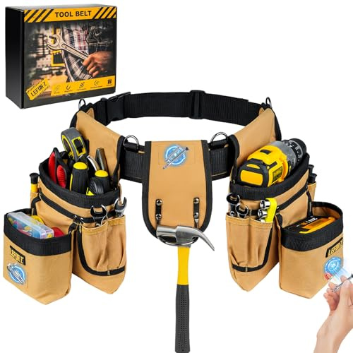 Tool Belt,Magnetic Tool Pouch,27-Pockets Heavy Duty Tool Belts for Men with 4 D-Rings,Detachable Tool Pouch Bag for Electrician,Carpenter,Construction,Utility Belt,Gifts for Men,Brown