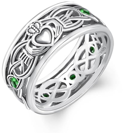 FANUFAN Claddagh Celtic Knot Band Rings for Men Women 925 Sterling Silver Irish Claddagh Promise Ring for Women Men,Ring Size 9