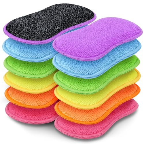 GLIMGLINT 12Pack Dish Sponges Kitchen, Non-Scratch Microfiber Sponges for Cleaning, Reusable Dish Sponge for Dishes, Pots and Pans (Multicolor)