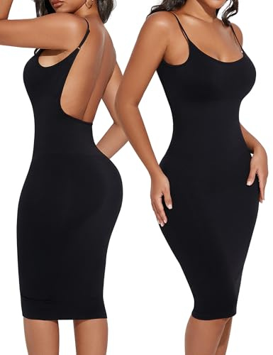 Takusun Backless Slip Dress for Women Tummy Control Low Back Shapewear Dresses Open Back Body Shaper Seamless Sexy Tank Tops Black
