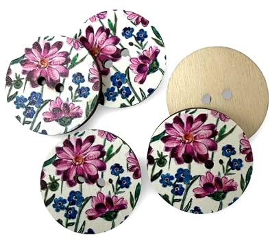 Träknappar 30 mm – set om 5 trä, rund, med blommönster – handgjorda knappar för sömnad, stickning, hantverk och gör-det-själv-projekt