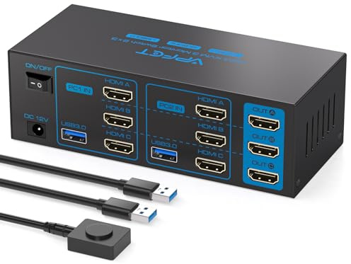 KVM Switch 2 Ports for 2 Computers, HDMI Triple Monitor KVM Switches 4K@60Hz with USB3.0 Ports, Support Extended & Copy Mode, 2 PC Share Triple Monitors & 4 USB Devices with 2 USB Cables