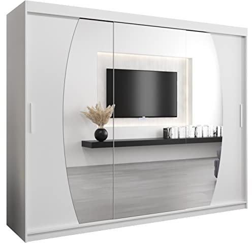 MEBLE KRYSPOL Elypse 250 Schlafzimmerschrank mit DREI Schiebetüren, Spiegel, Kleiderstange und Regalen – 250x200x62cm - Mattweiß