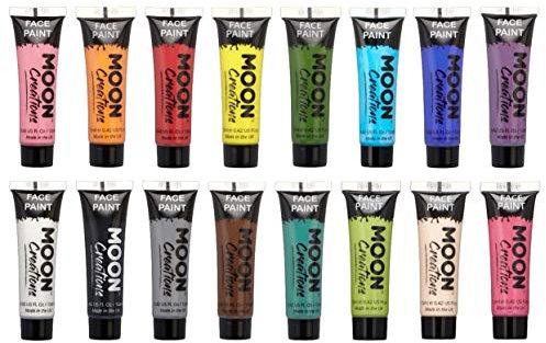 Moon Creations Gesichts- und Körperfarbentuben, gebrauchsfertige Gesichtsfarbe, ohne Flocken, tierversuchsfrei, Gesichtsfarbe, Kostüme, Feste, Halloween für Kinder, Erwachsene (16er-Set)