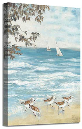 ARTISTIC PATH Abstract Coastal Canvas Artwork Picture: Beach Painting Hand Painted Seaside Birds Wall Art for Bedroom (24 W x 36 H,Multi-Sized)
