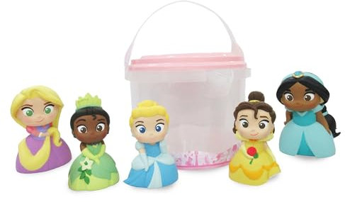 Disney Store Official Disney Princesses Bath Toy Set, 5 Pc, Includes Rapunzel, Belle, Cinderella, Jasmine and Tiana, Bucket with Straining Lid, Bath, Garden and Paddling Pool Toy, 6 months+
