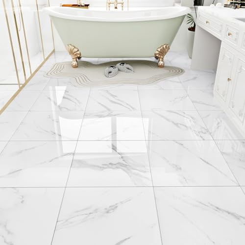 WESTICK White Marble Peel and Stick Floor Tile Bathroom Waterproof Marble Flooring Tiles Self Adhesive Sticky Tiles for Floor Bedroom Kitchen Camper Laundry Peel and Stick Tile Flooring 20 PCS 12x12