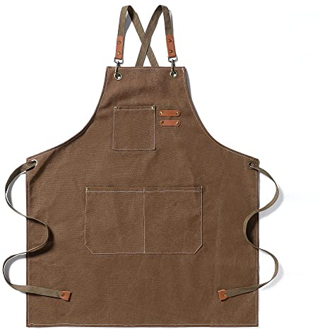 EWIZ Bomull kanvas förkläde justerbara remmar med tre fickor kock, konstnär, bagare, barista, barista, bartender, grillförkläden för män och kvinnor, Brun, M